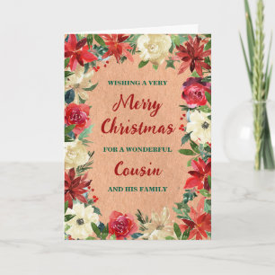 Rustic Floral Cousin & Family Merry Christmas Card