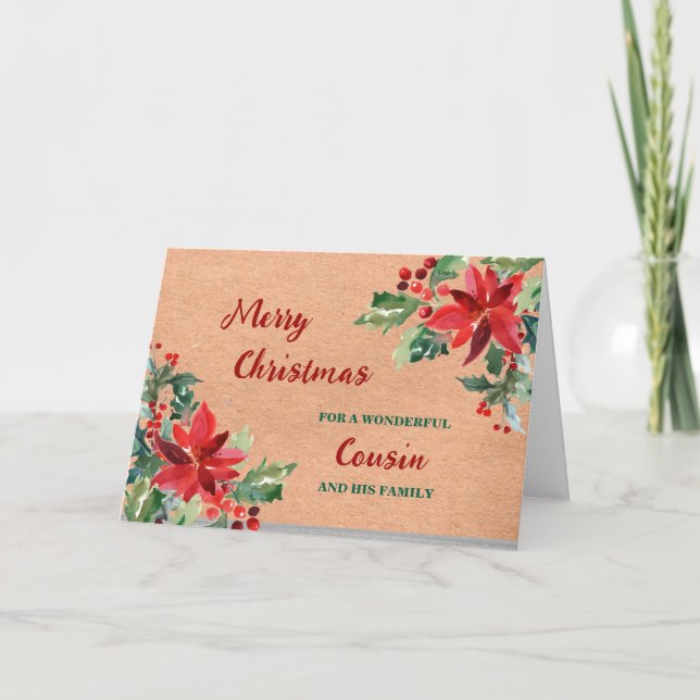 Rustic Floral Cousin & Family Merry Christmas Card (Front)