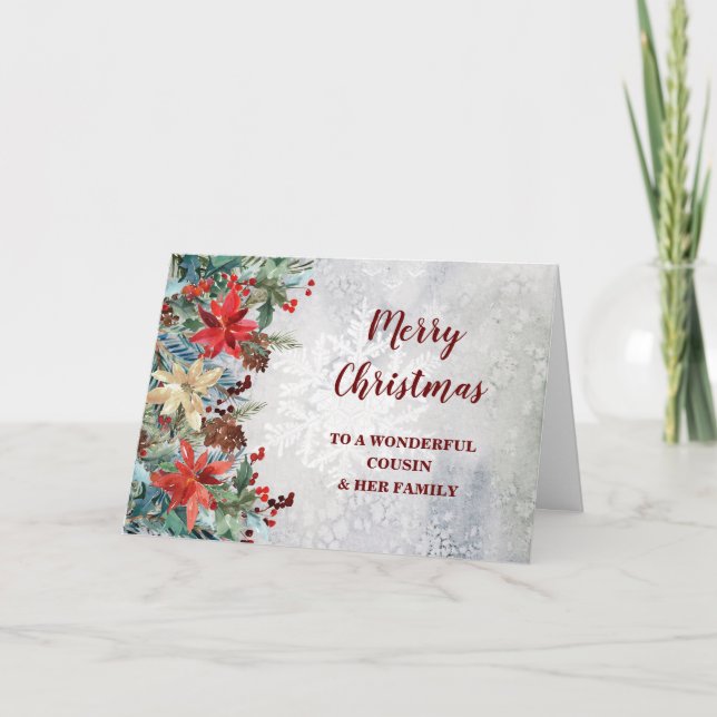 Rustic Floral Cousin & Family Merry Christmas Card (Front)