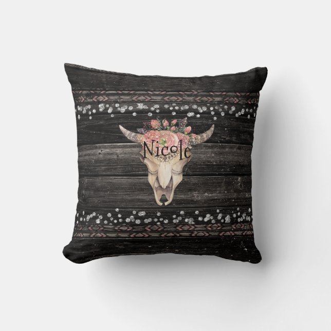 Rustic Floral Cow Skull Boho Chic Country Glam Cushion (Front)