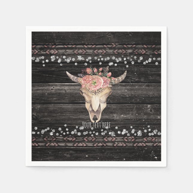 Rustic Floral Cow Skull Boho Chic Country Glam Napkin (Front)