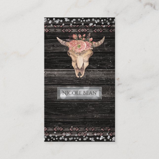 Rustic Floral Cow Skull Boho Chic Glam Custom Business Card (Front)