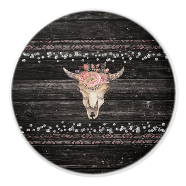 Rustic Floral Cow Skull Boho Chic Glam Silver Wood Ceramic Knob (Front)