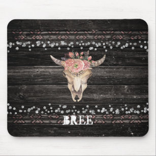 Rustic Floral Cow Skull Boho Chic Glam Silver Wood Mouse Mat