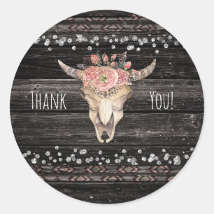 Rustic Floral Cow Skull Boho Chic Party Favour Classic Round Sticker