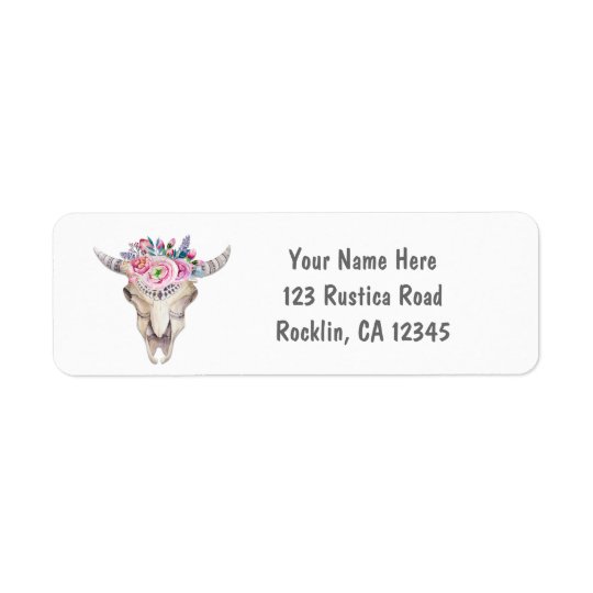 Rustic Floral Cow Skull Boho Chic Party Invitation Return Address Label