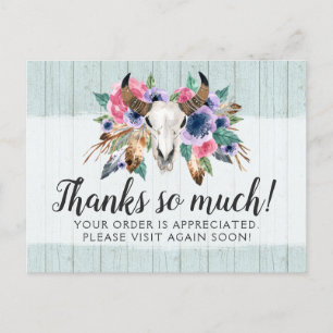 Rustic Floral Cow Skull Boho Chic Thank You Card
