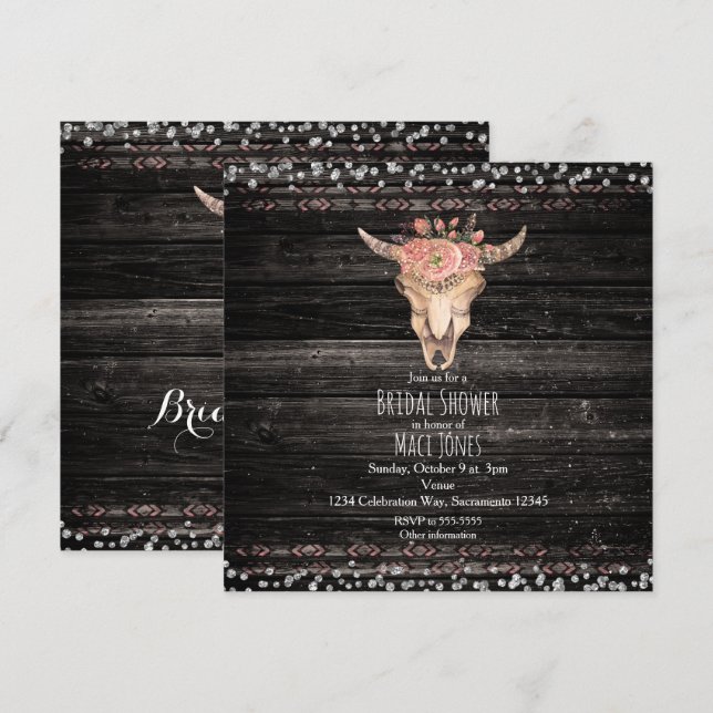 Rustic Floral Cow Skull Dark Wood Glam Invitations (Front/Back)