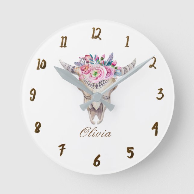 Rustic Floral Cow Skull Horns Girly Personalised Round Clock (Front)