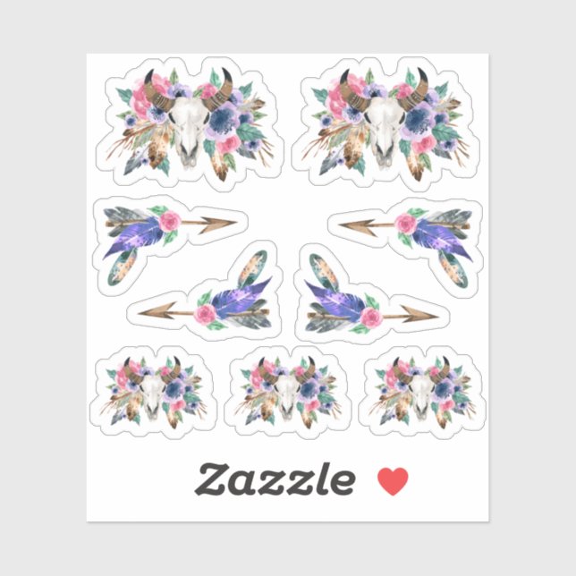 Rustic Floral Cow Skull Watercolor Boho Arrows (Sheet)