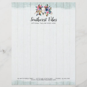Rustic Floral Cow Skull Watercolor Wood Boho Chic Custom Letterhead