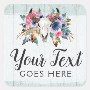 Rustic Floral Cow Skull Watercolor Wood Boho Chic Square Sticker