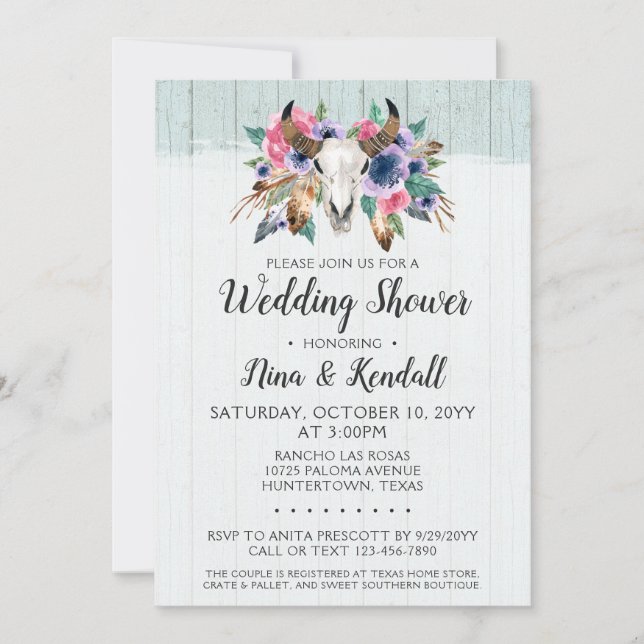 Rustic Floral Cow Skull Wedding Shower Invitation (Front)