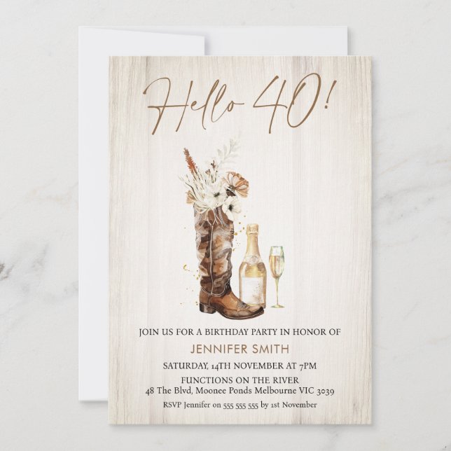 Rustic Floral Cowgirl Boot Bottle 40th Birthday Invitation (Front)