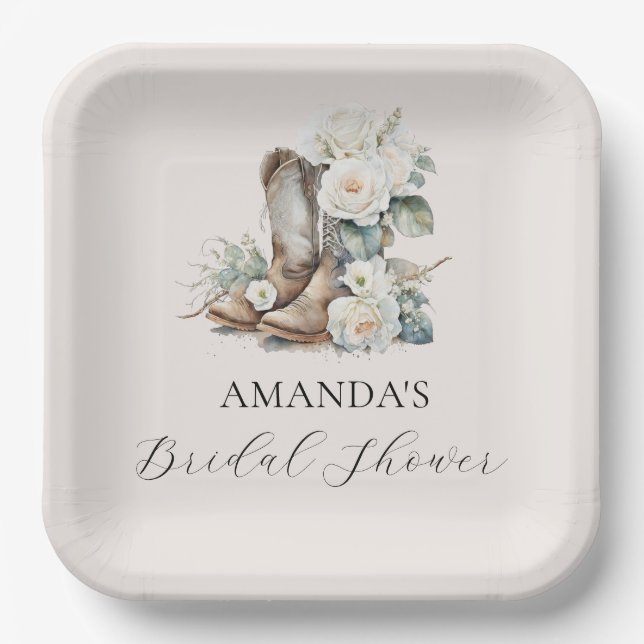 Rustic Floral Cowgirl Boots Bridal Shower Paper Plate (Front)
