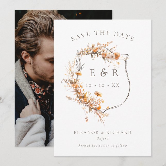 Rustic Floral Crest Monogram Fall Wedding Photo Save The Date (Front/Back)