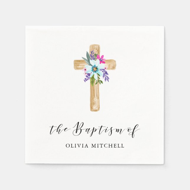 Rustic Floral Cross and Flowers | Baptism Napkin (Front)