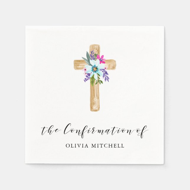 Rustic Floral Cross and Flowers | Confirmation Napkin (Front)