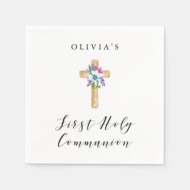 Rustic Floral Cross and Flowers | First Communion Napkin (Front)