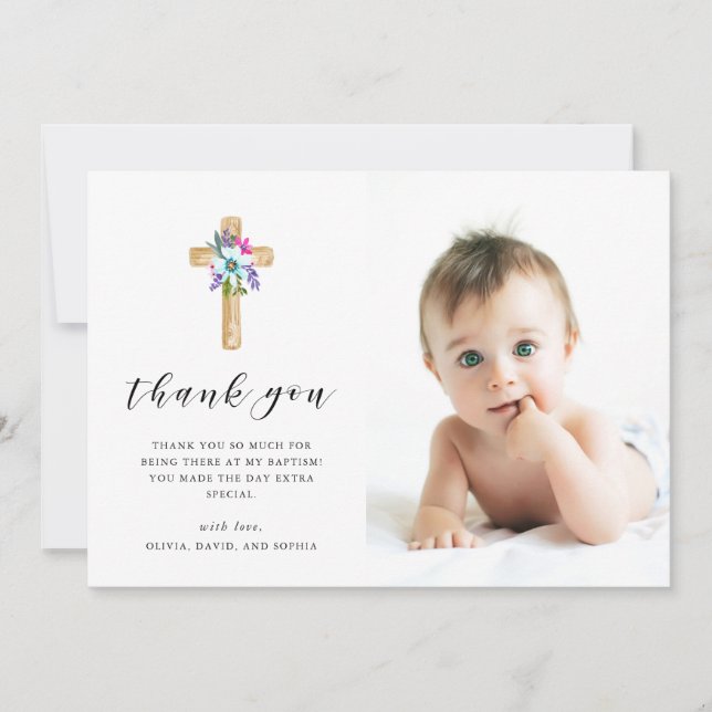 Rustic Floral Cross Kraft Look | Photo Baptism Thank You Card (Front)
