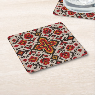 Rustic Floral Cross Stitch Folk Pattern Square Paper Coaster