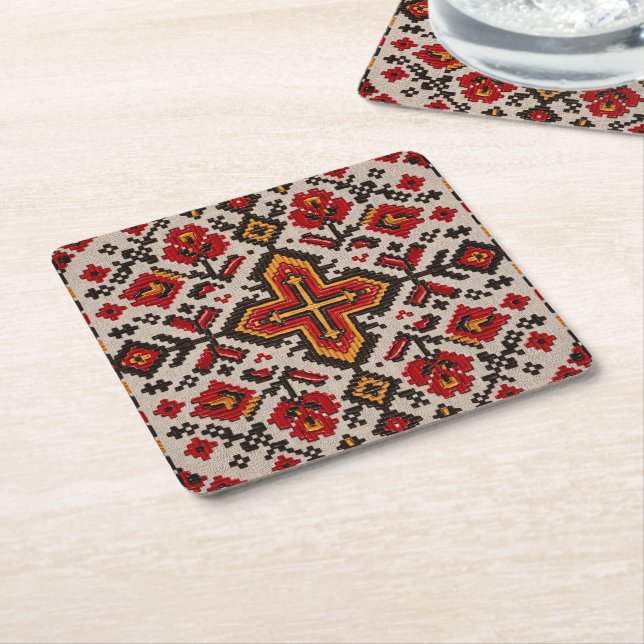 Rustic Floral Cross Stitch Folk Pattern Square Paper Coaster (Angled)