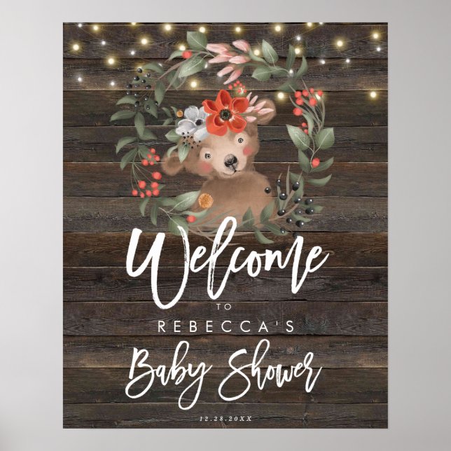 rustic floral cute bear baby shower welcome sign (Front)