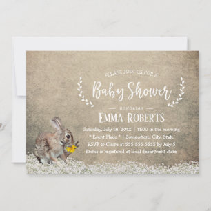Rustic Floral Cute Rabbit Baby Shower Invitation
