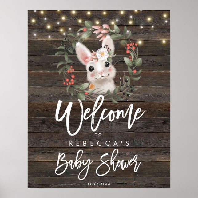 rustic floral cute rabbit baby shower welcome sign (Front)