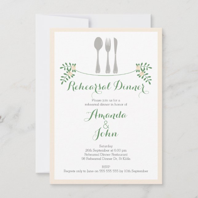 Rustic Floral Cutlery Rehearsal Dinner Invitation (Front)