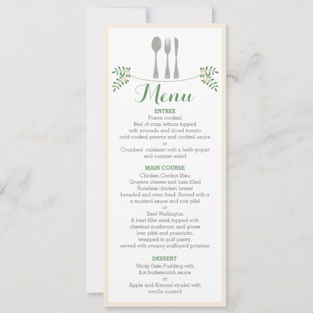 Rustic Floral Cutlery Rehearsal Dinner Menu Card (Front)