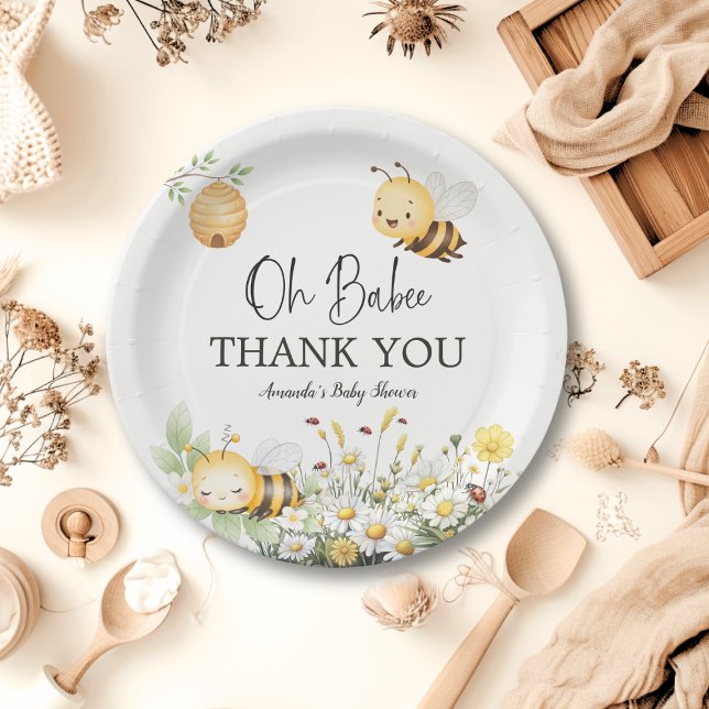 Rustic Floral Daisy Oh Babee Honey Bee Baby Shower Paper Plate (Creator Uploaded)