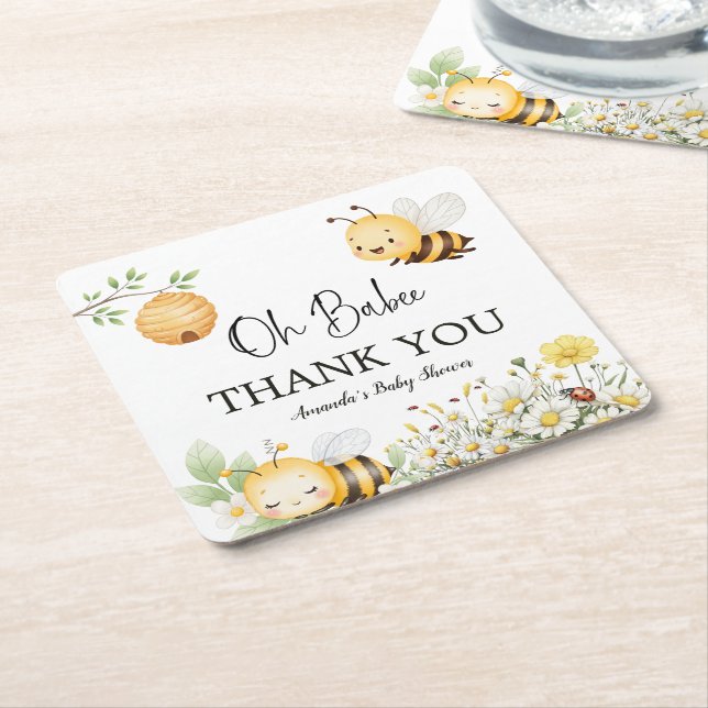 Rustic Floral Daisy Oh Babee Honey Bee Baby Shower Square Paper Coaster (Angled)