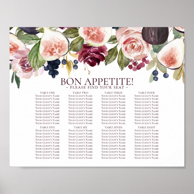 Rustic Floral | Dark Blue Red Self Seating Chart (Front)