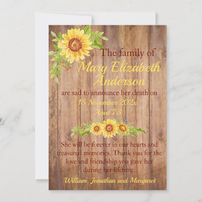 Rustic Floral Death and Funeral Announcement (Front)