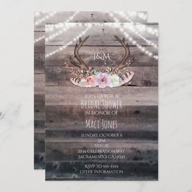 Rustic Floral Deer Antlers & String Lights Invitation (Front/Back)