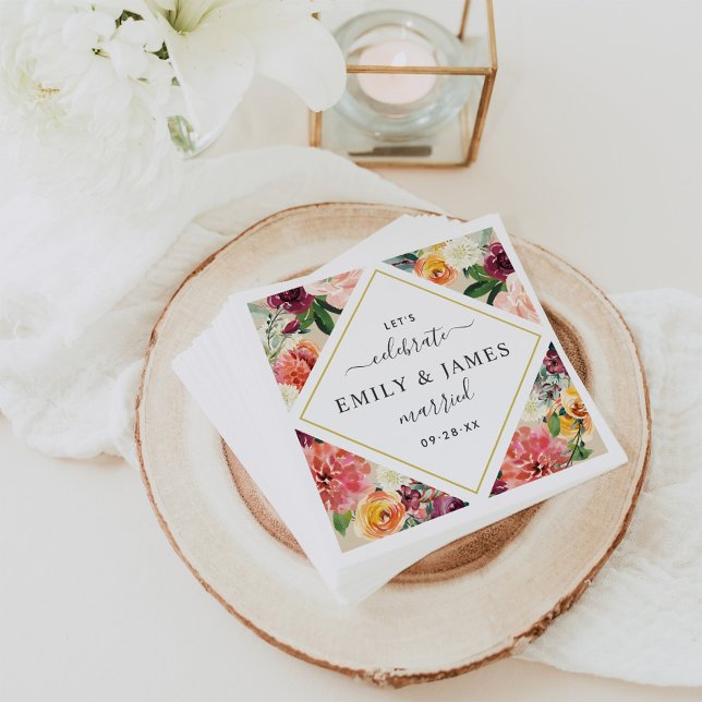 Rustic Floral Diamond Burgundy Wedding Monogram Napkin (Creator Uploaded)