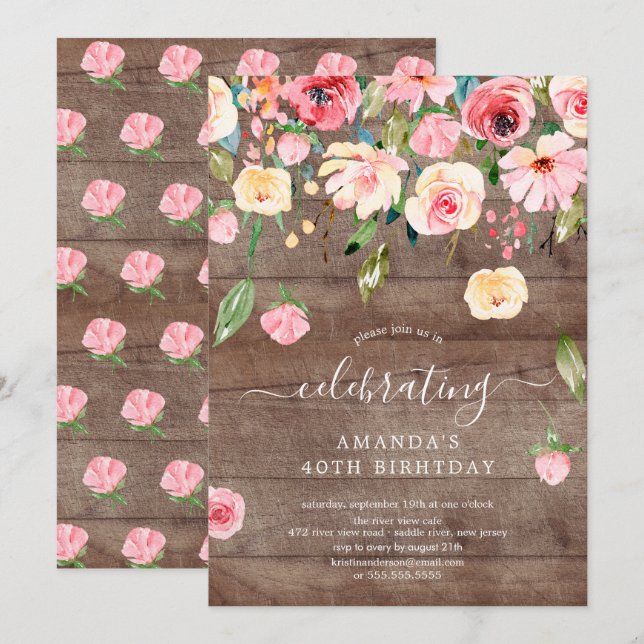 Rustic Floral Drop Pink Peonies Birthday Party Invitation (Front/Back)