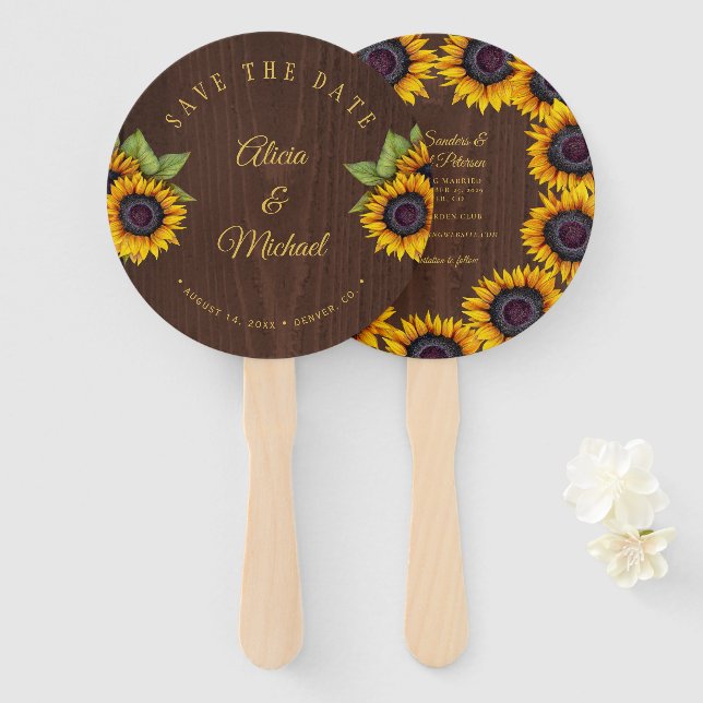 Rustic floral elegant barn wood wedding save date hand fan (Front and Back)