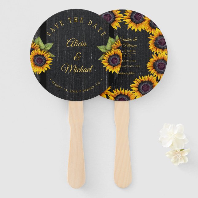Rustic floral elegant barn wood wedding save date hand fan (Front and Back)