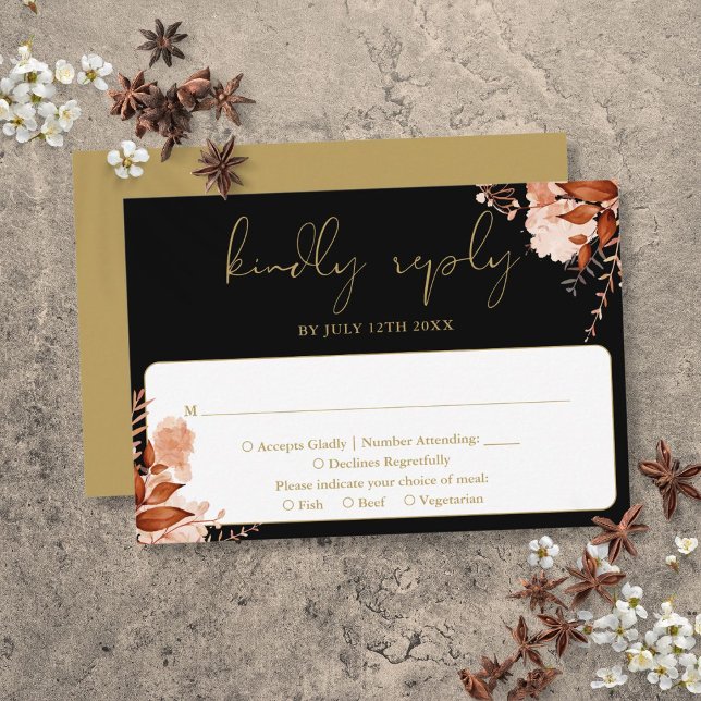 Rustic Floral Elegant Black And Gold Wedding RSVP Card (Rustic Floral Elegant Black And Gold Wedding RSVP Card)