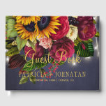 Rustic floral elegant navy burgundy winter wedding guest book<br><div class="desc">Rustic country vintage traditional style personalised guest book with big yellow gold sunflowers, red burgundy marsala roses, and strings of twinkle white lights on a dark midnight navy blue chalkboard background and with an elegant gold typography script. Ideal for winter or autumn fall | elegant vintage rustic country | late...</div>