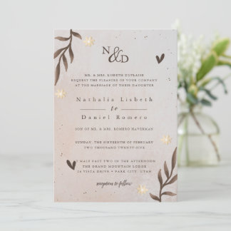 Rustic Floral, Elegant Script, Watercolor Leaves Invitation