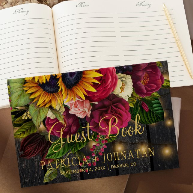 Rustic floral elegant wood burgundy lights wedding guest book (Creator Uploaded)