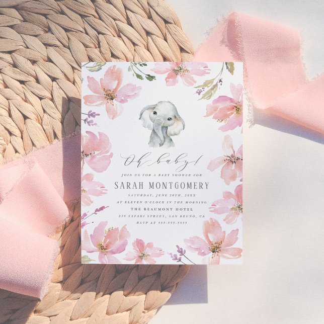 Rustic Floral Elephant Blush Pink Baby Girl Shower Invitation Postcard (Creator Uploaded)