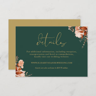 Rustic Floral Emerald And Gold Wedding Details Enclosure Card