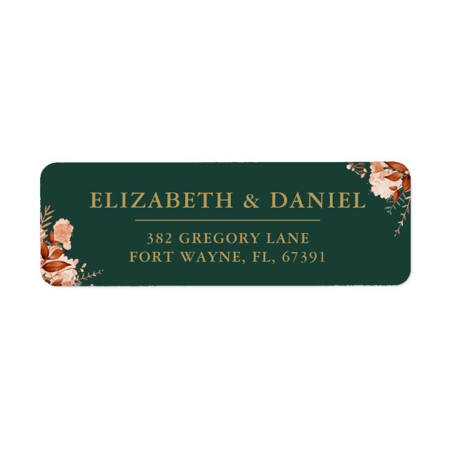 Rustic Floral Emerald Gold Wedding Return Address (Front)