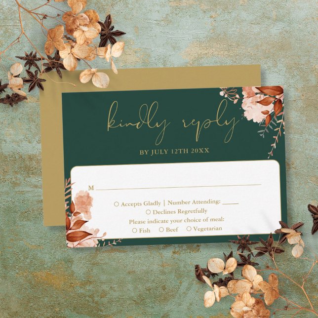 Rustic Floral Emerald Green And Gold Wedding RSVP Card (Rustic Floral Emerald Green And Gold Wedding RSVP Card)