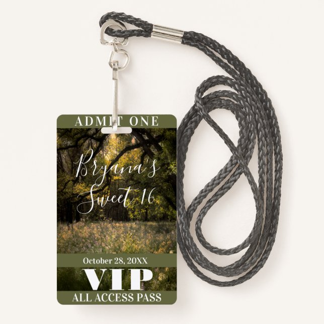 Rustic Floral Enchanted Forest Sweet 16 VIP Badge ID Badge (Front with Lanyard)