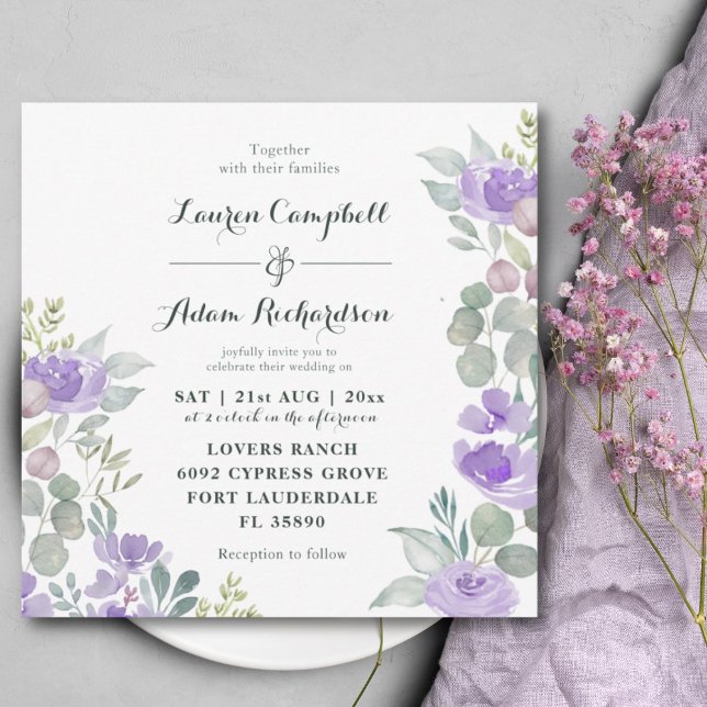 Rustic Floral Eucalyptus Watercolor Purple Wedding Invitation (Creator Uploaded)